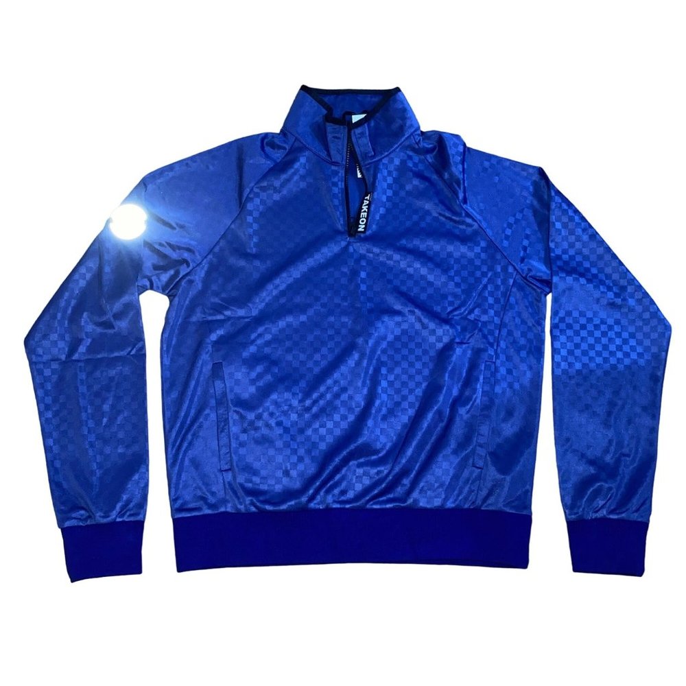 TAKEON Dex Pullover Sweater Indigo Blue Purple Size Medium Mens Checkerboard Zip